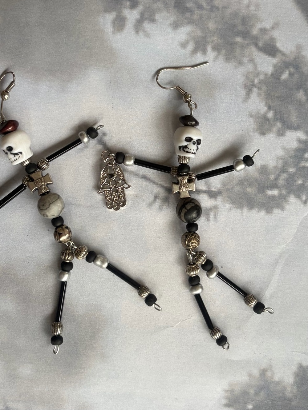 Handmade Black & White Skull Dangle Earrings with Hamsa Charm